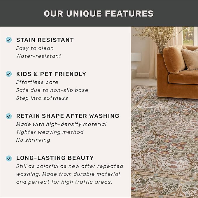 Washable 8x12 Large Living Room Area Rug - Non Pile Floral Design Carpet for Dining Room Under Table, Low Pile Vintage Bedroom Rugs, Forest Stain Resistance (Moss & Brown)