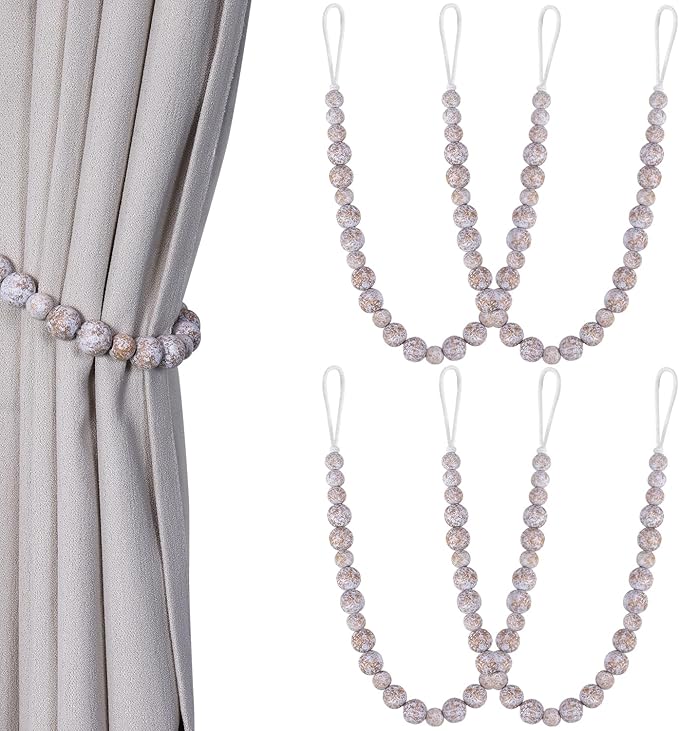 Wood Bead Curtain Tiebacks, KLOGTSIND Set of 4 Curtain Holdbacks for Thin or Thick Window Draperies, Boho Farmhouse Curtain Tiebacks with Hooks, Curtain Tie Backs for Home Office Room Decor