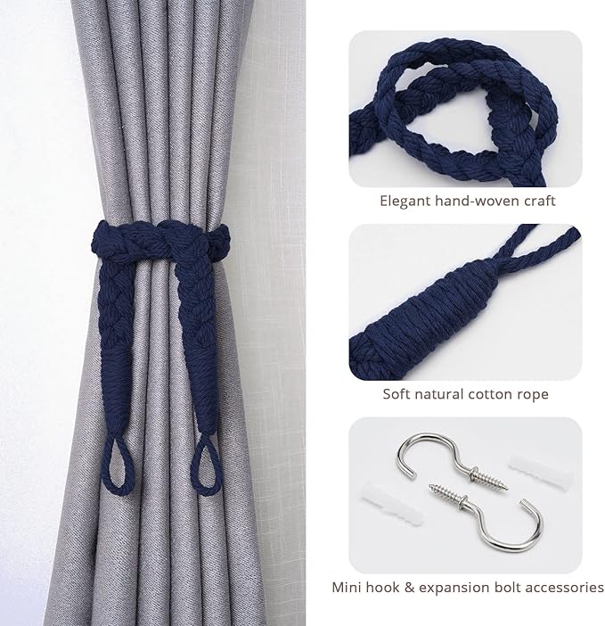 NICEEC 4 Pack Natural Cotton Rope Curtain Tiebacks Elegant Boho Style Decorative Drape Tie Backs Soft Hand-Woven Rope Curtain Holdbacks with Metal Hook for Home & Office Drapery (Dark Blue)