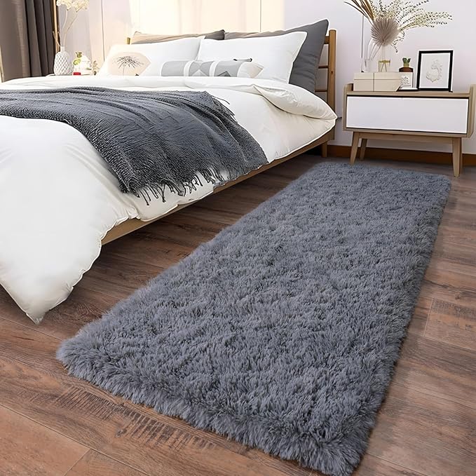Ultra Soft Runner Rugs for Bedroom Hallways with Upgraded Non-Slip Rubber Backing & Thick Memory Sponge, 2x5 Feet Fluffy Shag Throw Area Rug for Bedside Dorm Dark Grey