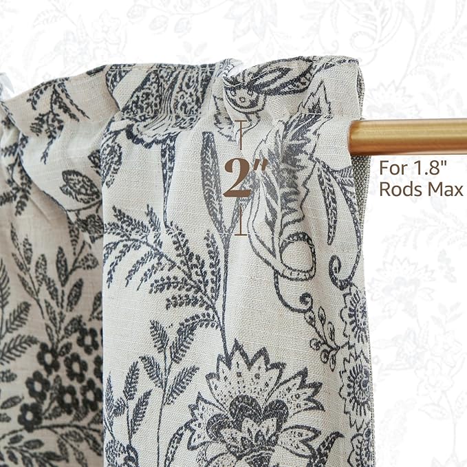 jinchan Linen Valance Curtain Farmhouse Floral Printed Small Window Curtain for Kitchen Rustic Light Filtering Valance for Living Room Bedroom Bathroom 16 Inch Rod Pocket 1 Panel Black on Beige