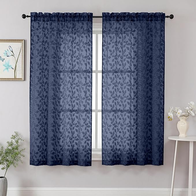 Chyhomenyc Navy Blue Sheer Curtains 63 Inch Length 2 Panels Set, Light Filtering Tufted Textured Soft Airy Rod Pocket Beautiful Leaf Window Treatment Drapes for Bedroom Living Room, 42" Wx63 L, 2PCS