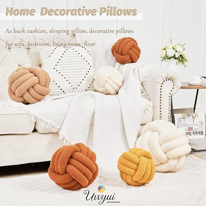 Uvvyui Knot Pillow Ball, Soft Home Decorative Round Throw Pillow, Handmade Knotted Plush Pillow, Round Boucle Pillow Cushion (8.6 Inches Blue)