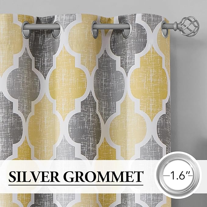 Beauoop 100% Blackout Curtains 54 Inches Long 2 Panels for Bedroom Living Room Yellow Grey Moroccan Geo Room Darkening Thermal Insulated Soundproof Grommet Top Window Treatments Drapes, 50x54 Set of 2