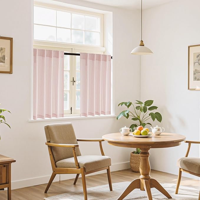 RYB HOME Cafe Striped Curtains for Kitchen Bathroom Small Window, Linen Pinstripe Drapes Valance 36 inch Length for Living Room Short Tier Boho Rustic Farmhouse, Pink, W26 x L36, 2 Panels