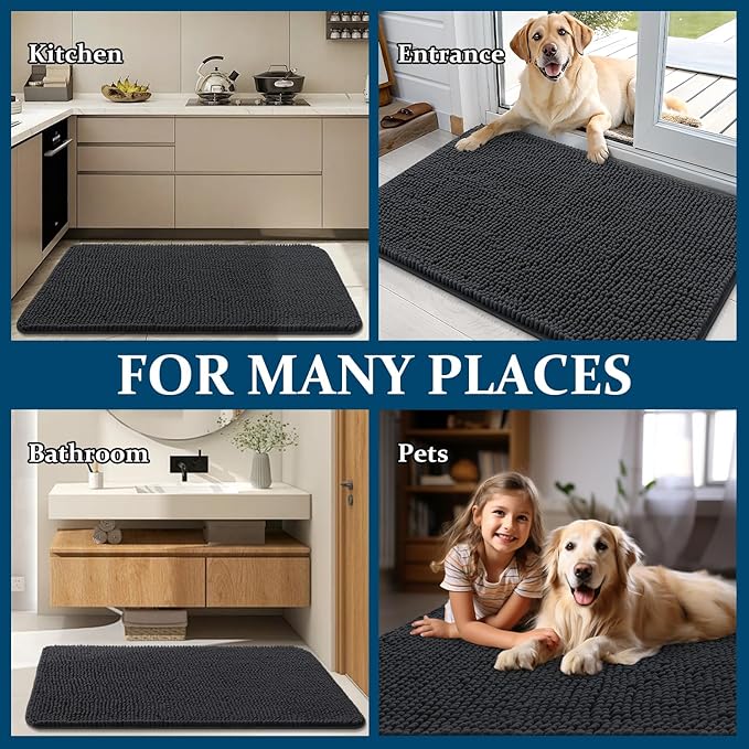 OLANLY Dog Door Mat for Muddy Paws 47x32, Absorbs Moisture and Dirt, Absorbent Non-Slip Washable Doormat, Quick Dry Chenille Mud Mat for Dogs, Entry Indoor Entryway Carpet for Inside Floor, Dark Grey