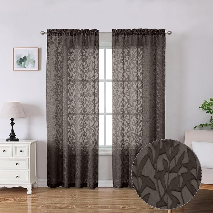 Lecloud Leia Living Room Chocolate Brown Sheer Curtains 72 Inch Length 2 Panels, Airy & Breathable Clip Textured Leaf Voile Bedroom Curtains, Dual Rod Pocket Jacquard Gauzy Window Drapes, 38x72 Inches