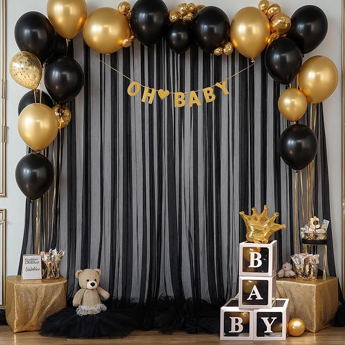 Black Tulle Backdrop Curtain for Parties 10ft x 8ft Black Sheer Photo Backdrop Curtains Drapes for Birthday Party Baby Shower Wedding Decorations