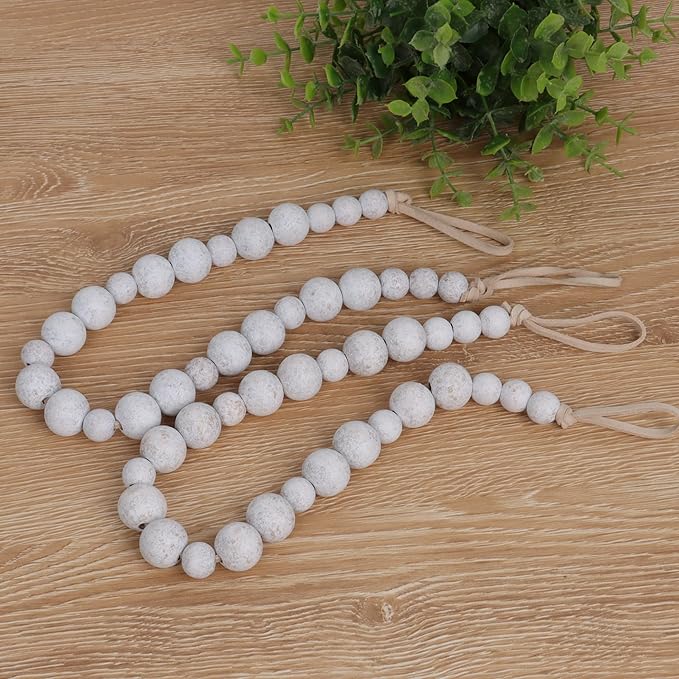 OCIOLI 2 Pieces Wood Bead Curtain Tieback Boho Curtain Tiebacks Curtain Holdbacks for Wall Curtain Ties Window Treatment Curtain Tie Backs with Hooks Curtain Pull Backs (Whitewashed Color, 2) (C-1)