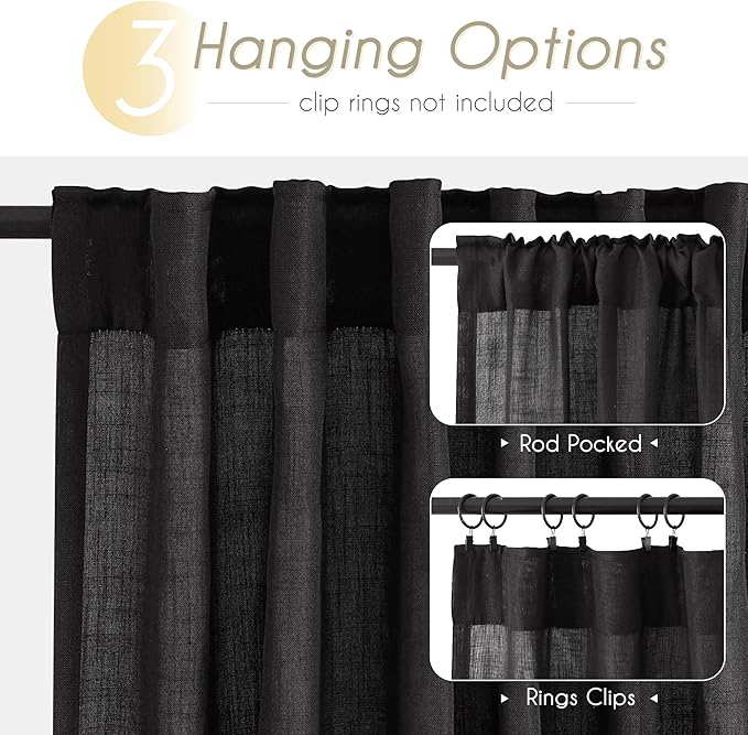 Black Linen Curtains 144 inches Long for Bedroom Back Tab Light Filtering Privacy Semi Sheer Black Curtains Living Room Boho Rustic Farmhouse Cotton Textured Gauze Curtain 2 Panel Set