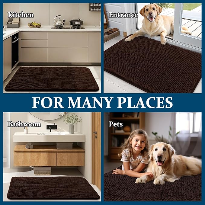OLANLY Dog Door Mat for Muddy Paws 30x20, Absorbs Moisture and Dirt, Absorbent Non-Slip Washable Doormat, Quick Dry Chenille Mud Mat for Dogs, Entry Indoor Entryway Carpet for Inside Floor, Brown