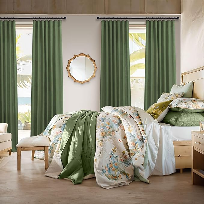 Pitalk Olive Green Curtains 96 Inches 8 FT Long for Living Room 2 Panels Back Tab Pocket Drape Thick Sheer Linen Cotton Modern Rustic Trendy Earthy Army Moss Green Curtain for Bedroom Farm House Decor