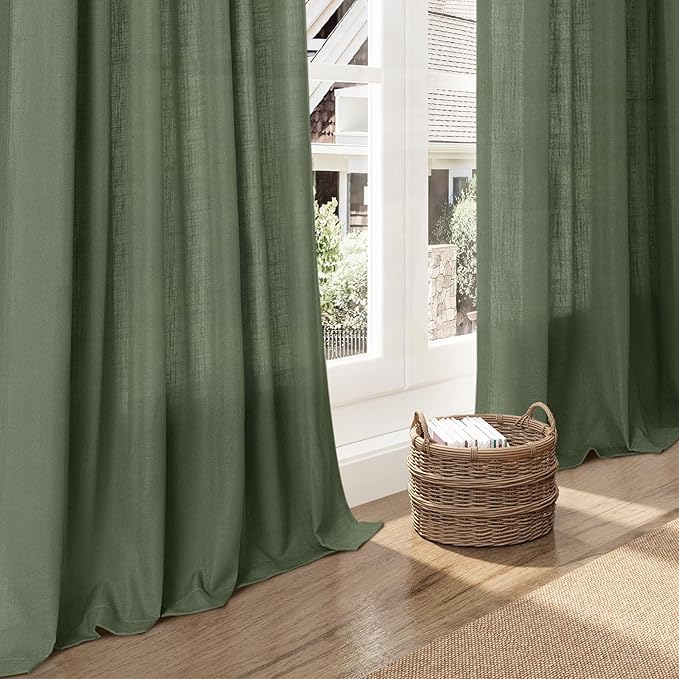 Nanspring Forest Green Linen Curtains for Living Room 120 Inches Long Light Filtering Semi Sheer Curtain Back Tab Wabi Sabi Boho Decor Floor to Ceiling High Window for Bedroom Office 52x120, 2 Panels