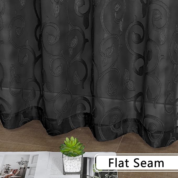 OWENIE Furman Sheer Curtains 63 inch Length for Bedroom Living Room 2 Panels Set, Jacquard Clip Textured Semi Sheer Black Curtain, Light Filtering Rod Pocket Farmhouse Window Treatments, 40Wx63L inch