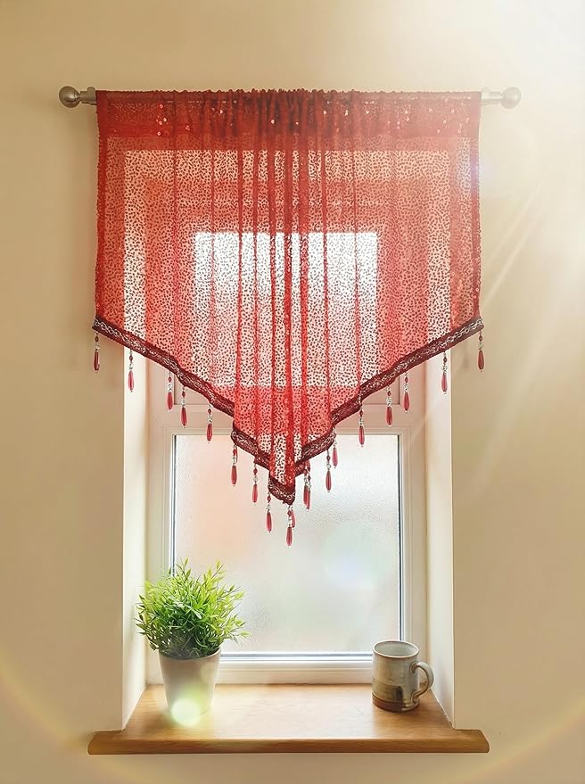 Molaxhome Swag Curtain 51 inch Length Rod Pocket Scalloped Curtain Valance Sheer Lace Panels with Hanging Crystal Beads for Kitchen Bedroom Window Treatments Drape Decor 1pc (Sequin Red, 51Wx23L)