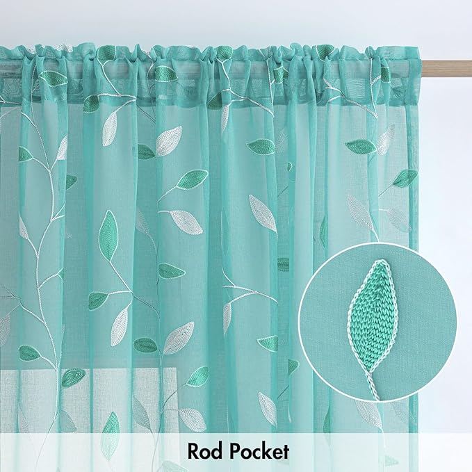 MIULEE Turquoise Sheer Curtains 2 Panels Embroidered Leaf Patterned Rod Pocket Floral Semi Sheer Faux Linen Window Curtains Drapes Set for Living Room Bedroom Dining Room, 52x96 Inches Long