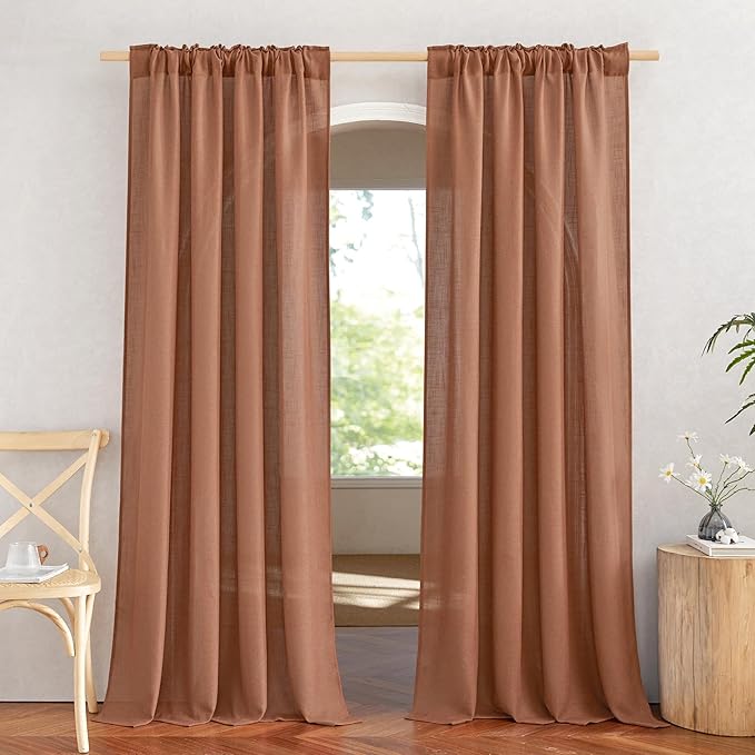 NICETOWN Linen Caramel Curtains & Drapes Privacy with Light Filtering, Rod Pocket & Back Tab Flax Linen Burlap Window Treatments Vertical Drapes for Bedroom/Living Room, W52 x L84, 2 Panels