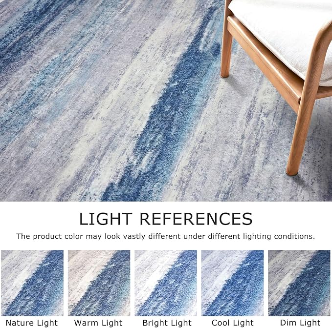 KOZYFLY Washable Area Rug 5x7 Modern Ombre Thin Rugs for Living Room Non-Slip Soft Striped Area Rug for Bedroom, Print Blue/Grey/Beige Abstract Carpet for Kid Room