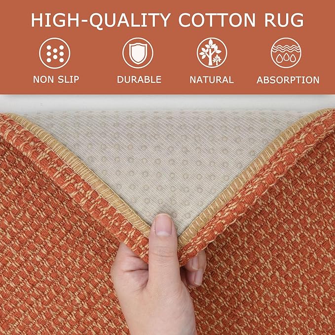 KOZYFLY Washable Area Rug 5x7 ft Rubber Backed Non Slip Rugs for Living Room Braided Cotton Bedroom Rug Woven Office Rugs Indoor Outdoor Floor Carpets for Dining Bedroom Living Room, Orange/Tan