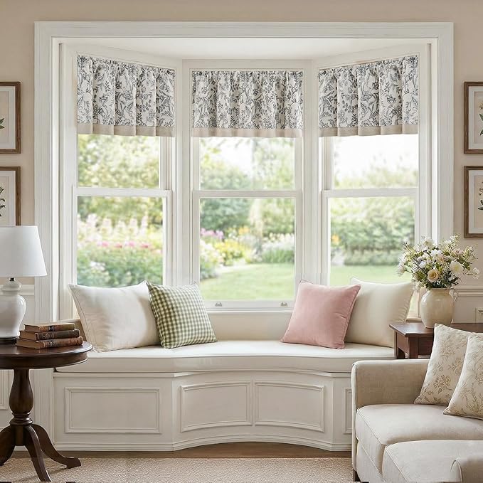 jinchan Linen Valance Curtain Farmhouse Floral Printed Small Window Curtain for Kitchen Rustic Light Filtering Valance for Living Room Bedroom Bathroom 16 Inch Rod Pocket 1 Panel Black on Beige