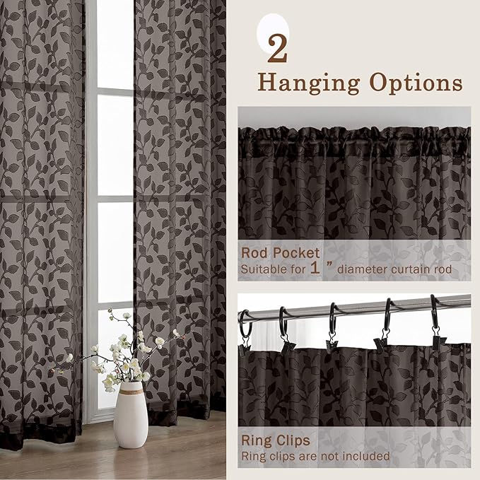Chyhomenyc Chocolate Sheer Curtains 96 Inch Length 2 Panels Set, Light Filtering Tufted Textured Soft Airy Rod Pocket Gentle Leaf Window Treatment Drapes for Bedroom Living Room, 52" Wx96 L, 2PCS