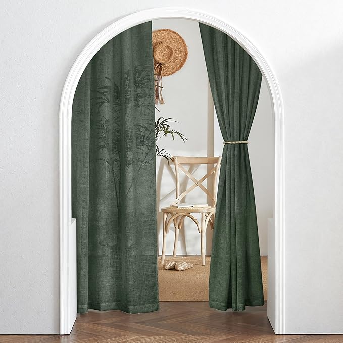 RYB HOME Linen Blended Curtains - Back Tab Vintage Thick Linen Burlap Light Filtering Decorative Sheer for Bedroom Living Room Home Office, W 52" x L 102", 2 Pcs, Hunter Green