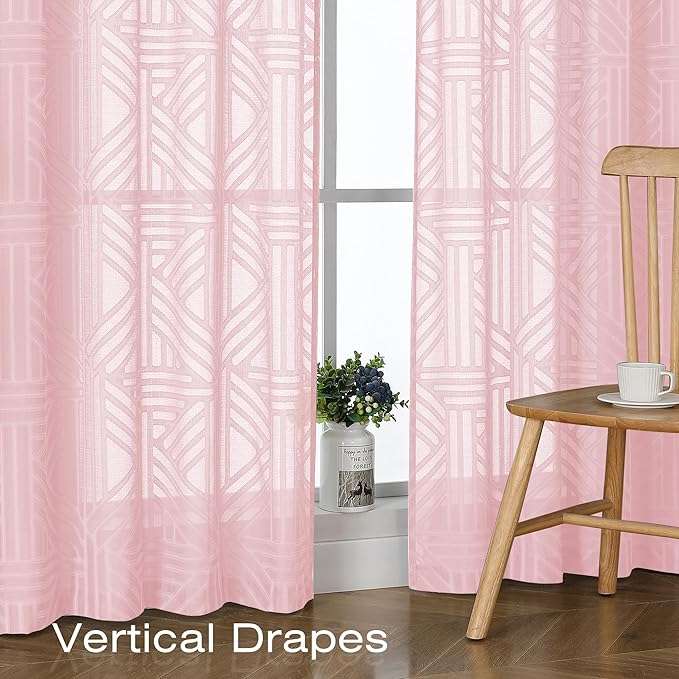 Simplebrand Blush Semi Sheer Curtains 54 Inch Length 2 Panels, Geometric Jacquard Clip Textured Short Sheer Curtains for Bedroom，Modern Elegant Window Curtains Drapes/Treatment Sheer，42x54 inch