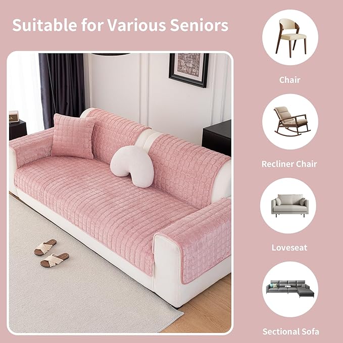 Velvet Couch Cover, Washable Sectional Sofa Cover, Anti Slip Sofa Slipcover for 3 Cushion Couch Sofa L Shaped Armrest Backrest, Furniture Protector Covers for Pets Kids(1PC,Pink,36"×47")