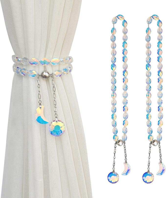 PEDOBO Magnetic Curtain Tiebacks, 2 Pack Crystal Beaded Sun & Moon Pendants Sheers/Draperies Holdbacks for Window Home Office Decor (Crystal AB)