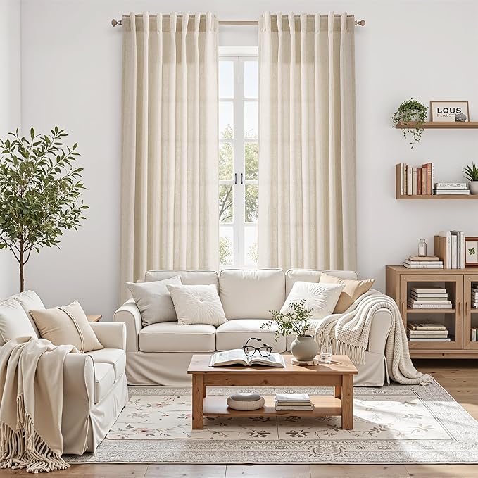 Linen Curtains 63 Inch Length for Living Room Modern Farmhouse Decor Light Filtering Semi Sheer Curtain Back Tab Neutral Luxury Rustic Burlap Coastal Drapes for Bedroom Office 52x63, 2 Panels
