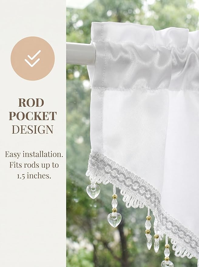 Molaxhome Swag Curtain 51 inch Length Rod Pocket Scalloped Curtain Valance Sheer Lace Panels with Hanging Crystal Beads for Kitchen Bedroom Window Treatments Drape Decor 1pc (Cloth White, 51Wx23L)