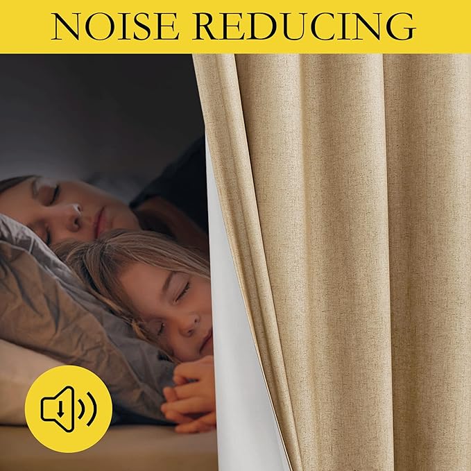 NICETOWN 100% Absolutely Blackout Linen Curtains with Thermal Insulated White Liner, Camel, 34" Wide by 60" Long, 2 Pieces, Linen Blend Window Drapes Privacy Window Treatments for Bedroom/Kids Room
