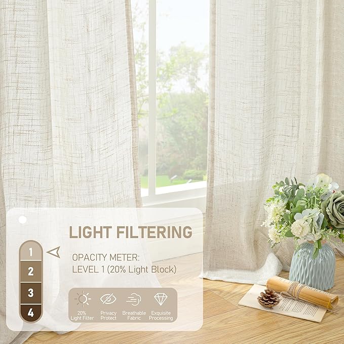 LAMIT Natural Linen Curtains 63 inch Length for Living Room, Boho Semi Sheer Light Filtering Window Textured Neutral Drapes with Bronze Grommet for Bedroom, 2 Panels Set, 60 x 63 Inch