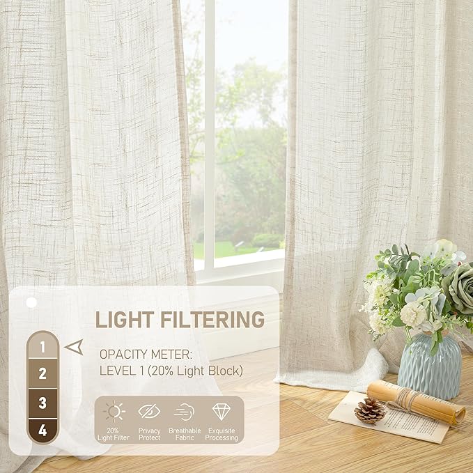 LAMIT Natural Semi Sheer Linen Curtains, Cream Ivory Light Filtering Panels Back Tab and Rod Pocket Neutral Drapes for Bedroom/Living Room, Natural, 2 Panels, 34 x 60 Inch