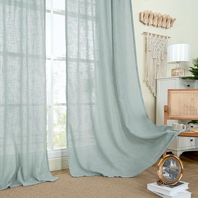LAMIT Greyish Blue Linen Short Curtains 30 Inch Length, Semi Sheer Light Filtering Window Panels Back Tab and Rod Pocket Drapes for Basement/Small Windows, 25 x 30 Inch, 2 Panels