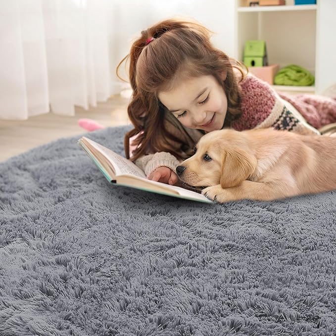 OLANLY Light Grey Round Rugs for Bedroom - Machine Washable, 4 ft Circle Area Rugs for Living Room, Soft and Fluffy Shaggy Carpet for Teen Girls and Boys, Nursery Rooms, Dorms, Home Decor Aesthetic