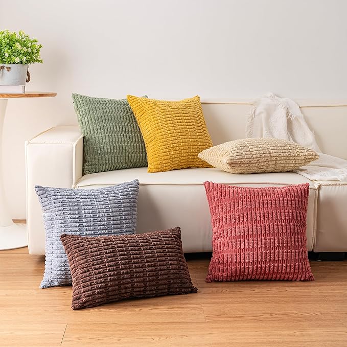 Pack of 2 Christmas Red Corduroy Decorative Throw Pillow Covers 18x18 InchSoft Boho Striped Pillow Covers Modern Farmhouse Home Decor for Sofa Living Room Couch Bed（Red）