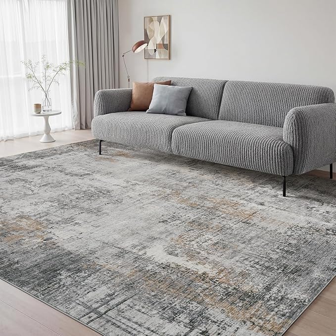 9 x 12 Area Rugs for Living Room, Machine Washable Non Slip Rug Ultra Soft Low Pile Indoor Carpet Modern Abstract Rugs for Bedroom Office Room Dining Room Beside, Grey