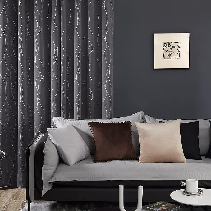 Deconovo Gray Curtains for Living Room, Blackout Drapes, Protect Pravicy Thermal Insulated Soundproof Window Drape, Wave Dots Foil Print, 42 x 72 Inch, Set of 2 Panels for Bedroom Classroom Office