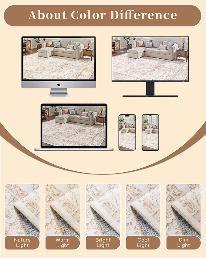 Madane 8x10 Area Rugs for Living Room, Machine Washable Vintage Rug with Non-Slip Backing, Soft Floral Print Large Throw Rugs, Thin Carpet for Bedroom Dining Room Farmhouse (8 x 10, Wood/Ivory)