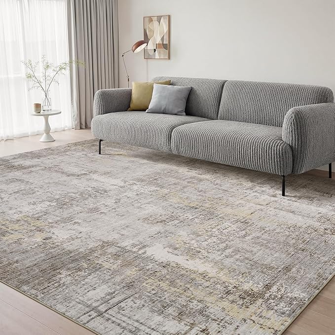 9 x 12 Area Rugs for Living Room, Machine Washable Non Slip Rug Ultra Soft Low Pile Indoor Carpet Modern Abstract Rugs for Bedroom Office Room Dining Room Beside, Beige
