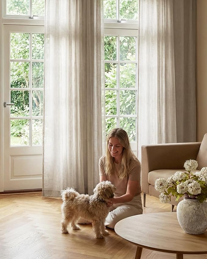 NICETOWN Semi Sheer Linen Curtains for Bedroom 84 inches Long, Grommet Privacy Vertical Farmhouse Window with Light Filtering for Living Room, Natural, W52 x L84, 2 Pieces