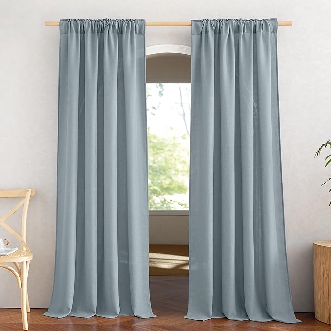 NICETOWN Linen Blend Mist Blue Curtains for Living Room, Rod Pocket & Back Tab Flax Burlap Window Treatments Semi Sheer Privacy with Light Filtering Drapes for Bedroom, W52 x L84, 2 Panels