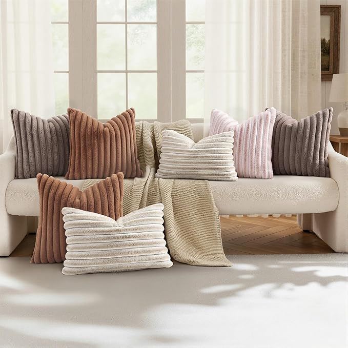 decorUhome Cozy Faux Fur Throw Pillow Covers 26x26 Set of 2 Decorative Soft Plush Striped Modern Farmhouse Boho Couch Euro Sham Pillow Cases with Velvet Back for Sofa Bed Living Room, Brown