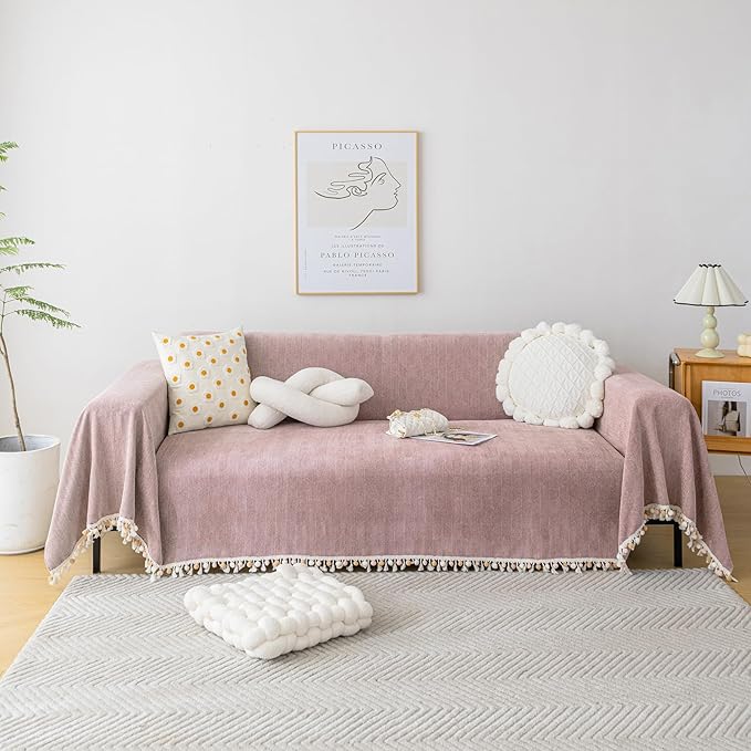 HANDONTIME Soild Couch Covers for Dogs Pink-Purple Sofa Covers Boho Cover for Sofa 3 Seats Chenille Sofa Throw Cover Mauve Sofa Covers for 3 Cushion Couch Tassel, Washable, Pet Friendly, 91" X118"