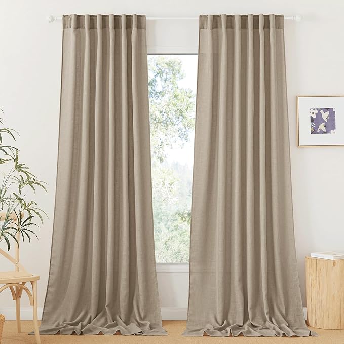 RYB HOME Linen Curtains for Windows - Airy Semi Sheer for Bathroom Kids Room Doorway, Privacy Assured Home Decor Elegant Shabby Chic, 52 inch Width x 102 inch Length, Khaki, 2 Panels Set