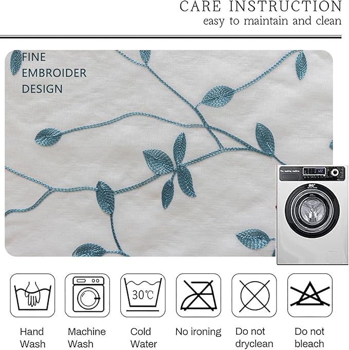 AmHoo 2 Panels Embroidered Leaf Pattern Semi Sheer Curtains Foliage Floral Voile Window Draperies Treatment for Bedroom Living Room Rod Pocket White Teal 53 x 95 Inch