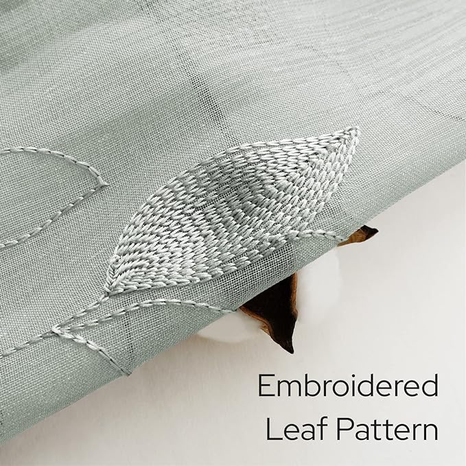 HOMEIDEAS Sage Green Sheer Kitchen Curtains 30 X 24 Inch Length 2 Panels Embroidered Leaf Pattern Short Curtains for Small Window Valance Tiers
