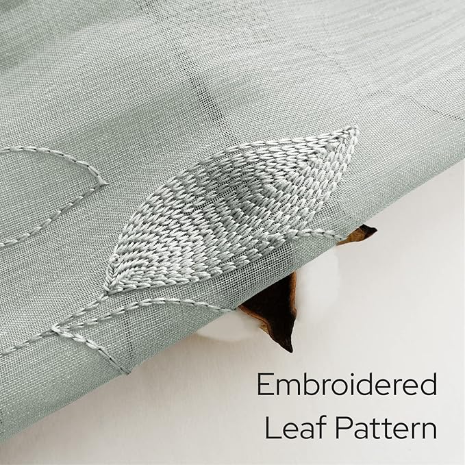 HOMEIDEAS Sage Green Sheer Kitchen Curtains 52 x 45 Inch Length 2 Panels Embroidered Leaf Pattern Short Curtains for Bedroom Half Small Window Rod Pocket Tiers