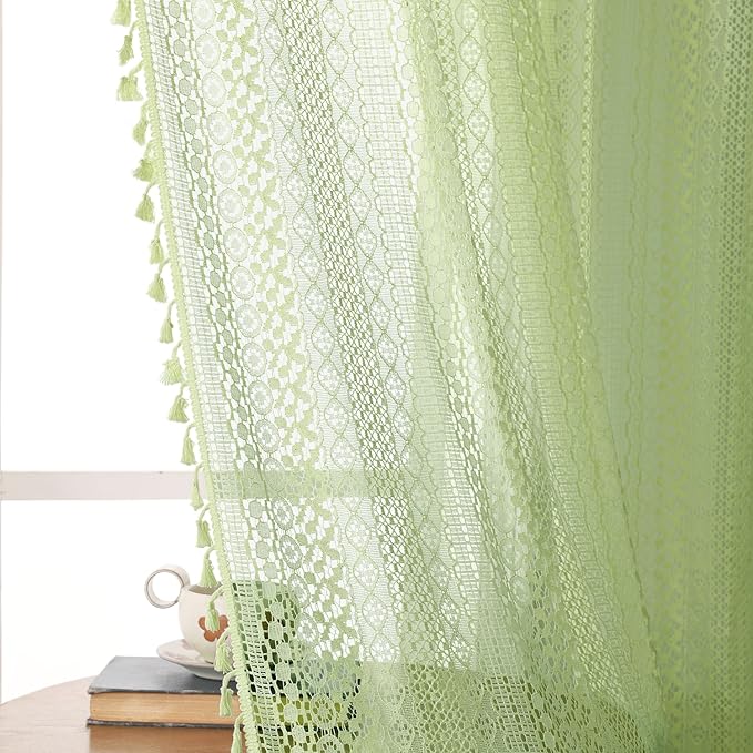 WAZZIO Boho Lace Curtains 63 Inches 2 Panel,Light Filtering Privacy Tassel & Geometry Crochet Semi Sheer Curtain Drapes for Bedroom Living Dining Room,Rod Pocket & Tassel,Grass Green